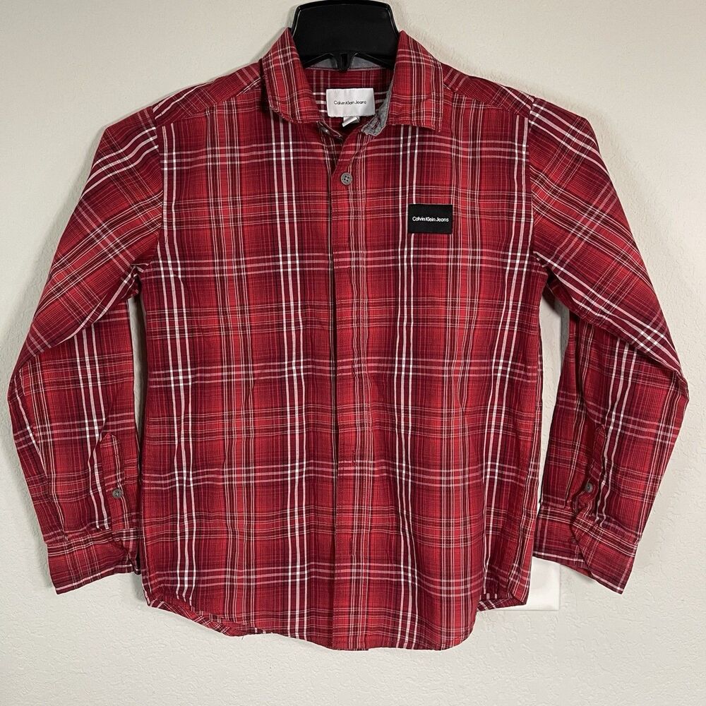 Calvin Klein Jeans Boys Size M 10/12 Red Plaid Long Sleeve Button Up Shirt CK